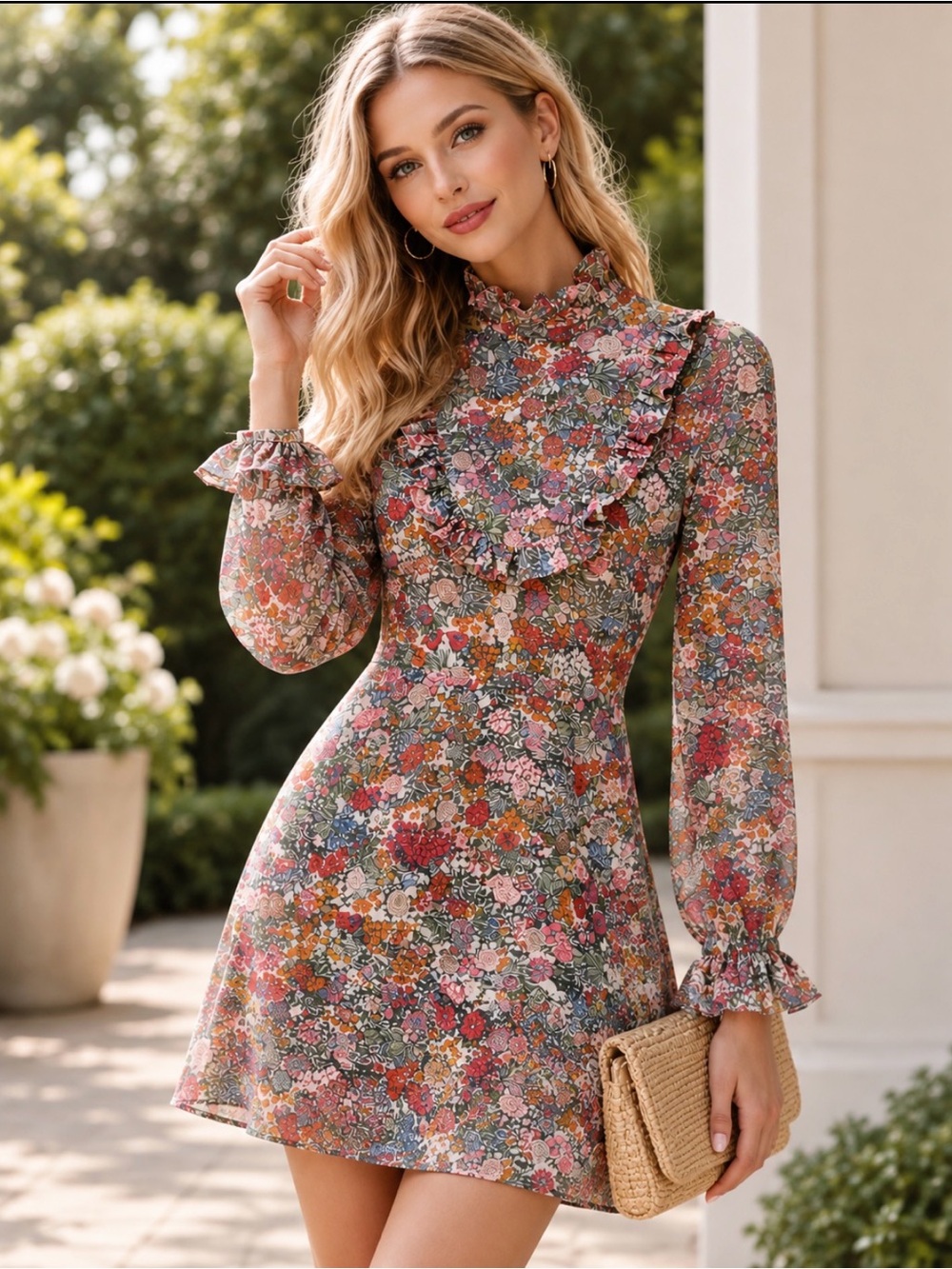Topshop Floral Ruffle Mini Dress Size 4 Sheer Sleeve High Neck